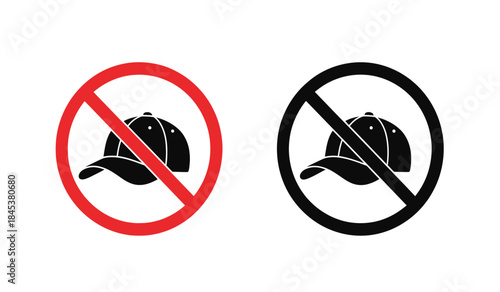 This image depicts two circular prohibition signs one in striking red and another in bold black both clearly indicating that hats are not allowed