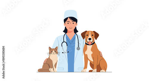 Friendly female veterinarian is standing with a happy dog and a calm cat, representing a veterinary clinic for pets.