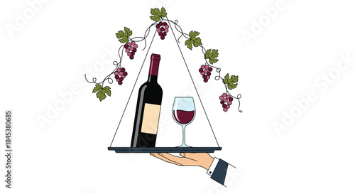 Waiter's hand is elegantly holding a serving tray with a bottle of red wine, a full glass, and a decorative grapevine.