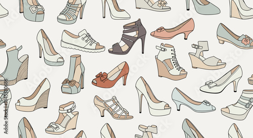 Seamless background pattern of various stylish women's shoes, including high heels, sandals, wedges, and platform shoes.