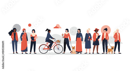 Diverse group of women of different ethnicities and styles are walking, riding a bike, and interacting in a community.