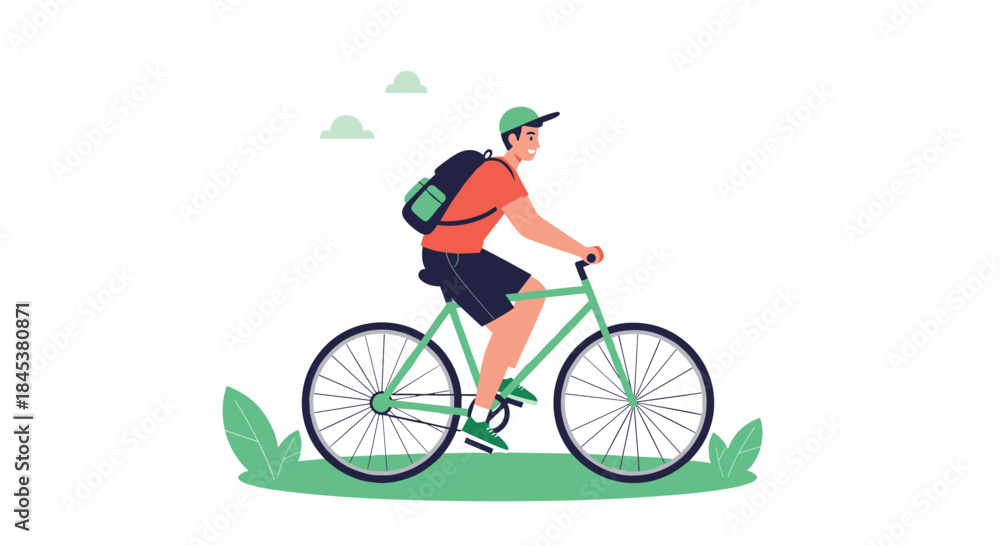 Fototapeta premium Happy young man with a backpack enjoying a healthy and active lifestyle by riding his bicycle outdoors in the park or nature.
