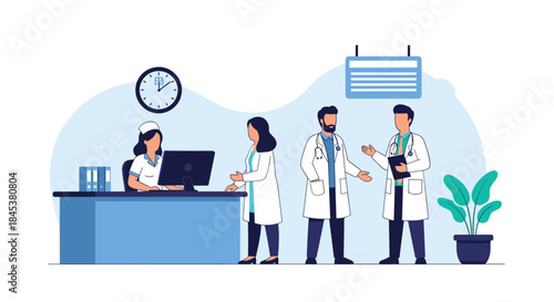 Medical staff in a hospital setting, with a nurse working at the reception desk and doctors having a discussion nearby.
