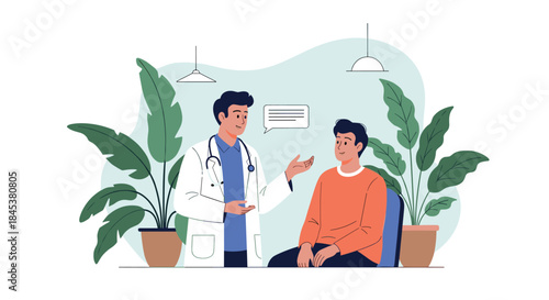 Friendly male doctor in a white coat providing a medical consultation to a young male patient in a bright clinic office.