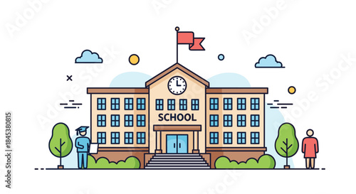 Colorful line art illustration of a classic school building with a clock, a flag on the roof, and trees in the front yard.