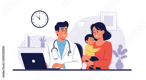 Professional male pediatrician sitting at his desk with a laptop, consulting a mother holding her young child in his office.