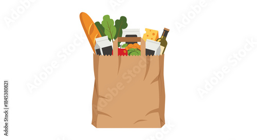 Brown paper grocery bag filled with a variety of fresh food products including bread, vegetables, cheese, and a bottle of wine.