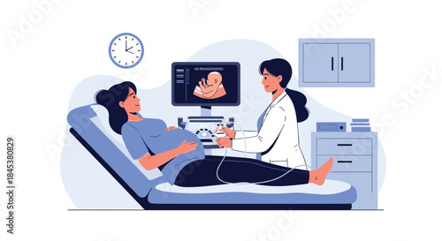 Female doctor performing an ultrasound scan on a pregnant woman, showing the baby on the monitor in a medical clinic room.