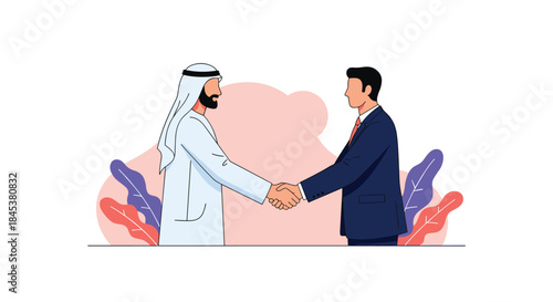 Arab businessman in traditional thobe and ghutra shaking hands with another businessman in a suit to close a business deal.