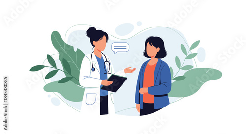 Friendly female doctor holding a clipboard and giving medical advice to a female patient, surrounded by large green leaves.