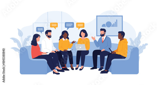 Diverse group of colleagues sitting on a sofa and engaging in a productive group therapy session or business meeting discussion.