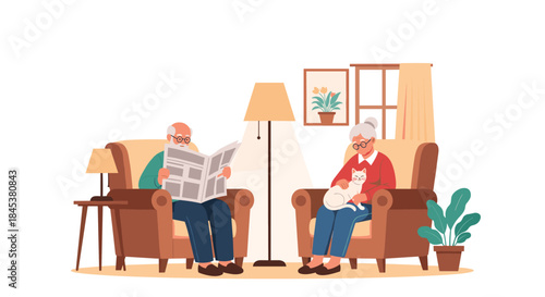 Elderly couple spending a quiet and peaceful day at home, with the husband reading a newspaper and the wife holding a cat.