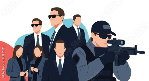 Group of secret service agents, bodyguards in suits and sunglasses, and a special forces police officer with a rifle.