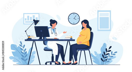 Female doctor sitting at her desk in a medical office and providing a consultation to a pregnant woman during a check-up.