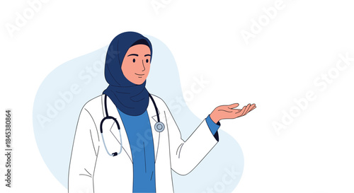 Portrait of a friendly Muslim female doctor wearing a hijab and a white lab coat, smiling and presenting with her hand.