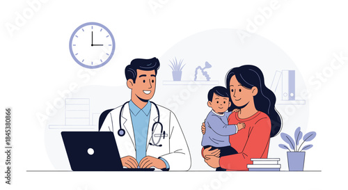 Cheerful male pediatrician sitting at a desk with a laptop and providing a medical consultation for a mother and her young son.