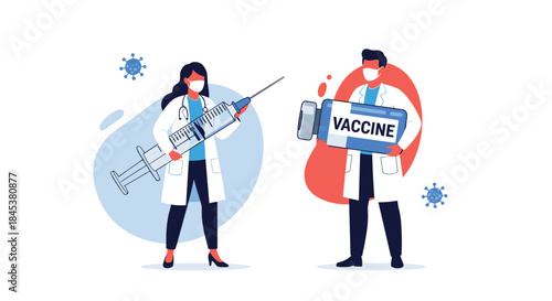 Male and female doctors wearing masks, holding a giant syringe and a large vial of vaccine to fight the coronavirus pandemic.