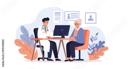 Male doctor sitting at his desk and showing medical results on a computer screen to a senior female patient in his office.