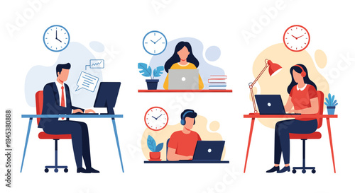 Set of illustrations showing diverse people working on laptops at their desks, with clocks indicating different work times.