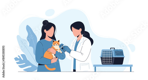 Female veterinarian giving a vaccination or injection to a ginger cat being held by its owner in a veterinary clinic.