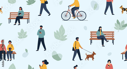 Seamless pattern of diverse people relaxing and doing various activities in a city park on a light blue background.