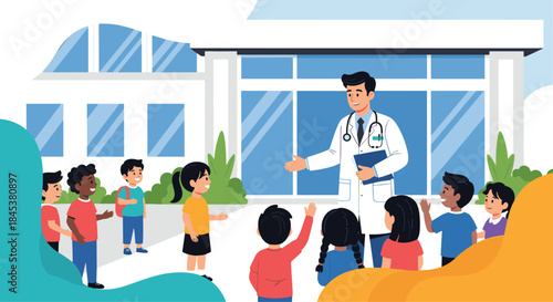 Friendly male doctor or school nurse in a white coat welcoming a diverse group of happy children outside a school or clinic.