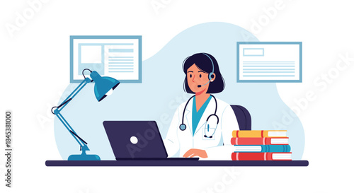 Female doctor with a headset providing an online medical consultation via her laptop, representing telemedicine or a helpline.
