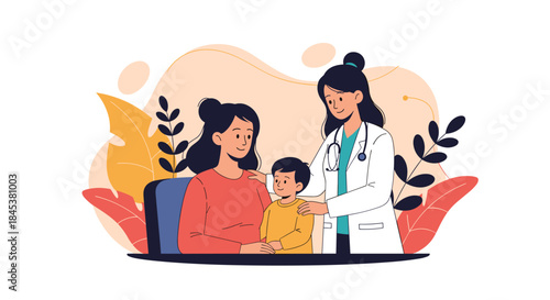 Caring female pediatrician with a stethoscope gently reassuring a young boy with his mother during a medical consultation.