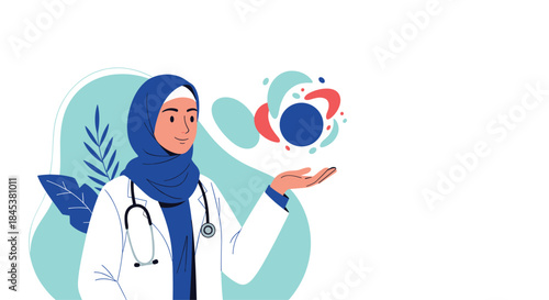 Young Muslim female scientist or doctor in a hijab and lab coat presenting an abstract atom or molecule symbol with her hand.