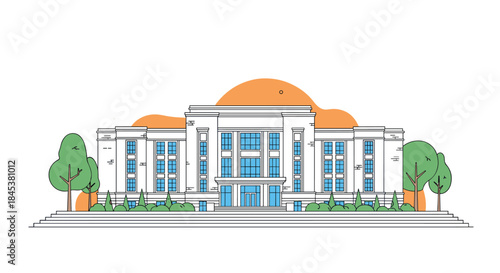 Modern line art illustration of a grand public building, representing a university, courthouse, library, or city hall.