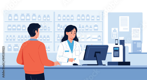 Professional female pharmacist standing behind the counter in a modern pharmacy and providing service to a male customer.