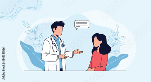 Male doctor in a white coat with a stethoscope consulting a female patient in a modern, minimalist, and faceless style.