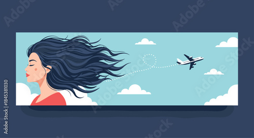 Beautiful woman with her long dark hair blowing in the wind as an airplane flies away, representing travel, freedom, or dreams.