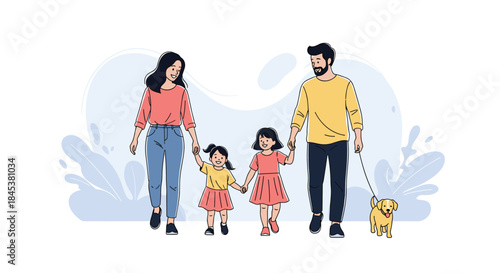 Happy young family with two little daughters and a cute puppy walking together holding hands on a pleasant day outdoors.