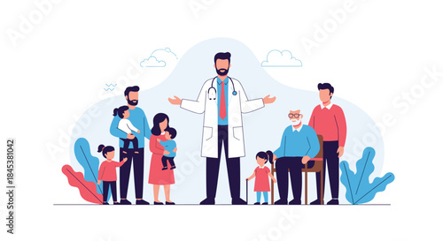 Caring male family doctor in a white coat and stethoscope standing with a diverse multi-generational family, offering healthcare.