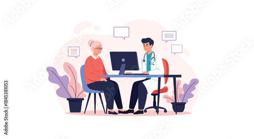 Male doctor at his desk using a computer while having a medical consultation with an elderly female patient in his office.