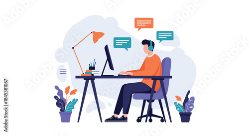 Young man wearing headphones working on a computer at his desk, engaged in remote work, online learning, or customer service.