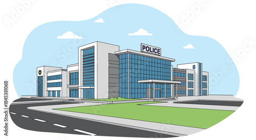 Modern police station building with a sign on the facade, shown from an exterior perspective with a road and clear sky.