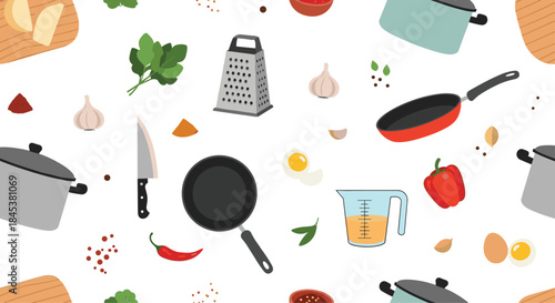 Seamless pattern background with various kitchen tools, cooking ingredients, and fresh food for culinary and recipe concepts.