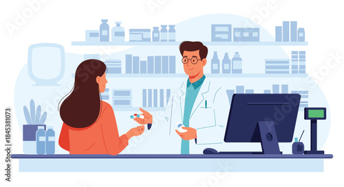 Friendly male pharmacist in a white coat assisting a female customer with her prescription medication at the pharmacy counter.