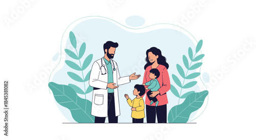 Professional male pediatrician giving medical advice to a young mother with her two small children during a clinic consultation.