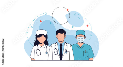 Professional medical team consisting of a male doctor, a female nurse, and a male surgeon wearing a face mask.