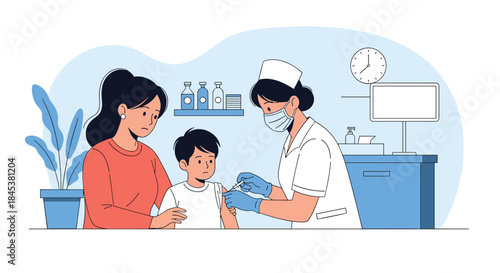 Female nurse in a mask giving a vaccination shot to a worried little boy who is being comforted by his mother.