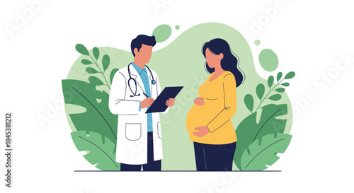 Male doctor providing medical consultation and advice to a pregnant woman during a prenatal checkup at the clinic.