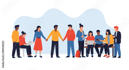 Large group of diverse young people standing and sitting together, socializing, working on laptops, and holding hands in unity.