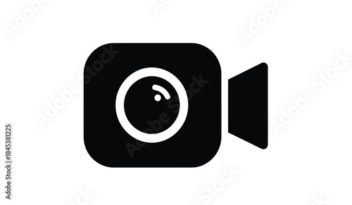 A simple black and white illustration depicts a vintage video camera featuring a prominent lens and rectangular body symbolizing recording and media