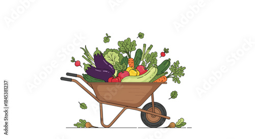Wheelbarrow overflowing with a variety of fresh and healthy organic vegetables from a farm harvest, isolated on white background.
