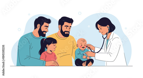Female pediatrician examining a happy baby with a stethoscope, accompanied by his two loving gay fathers in a family checkup.
