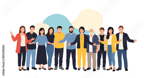 Large, diverse group of smiling men and women of different ages standing together, representing a happy community or team.