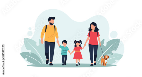 Happy family with a son, daughter, and a small dog enjoying a walk together outdoors, holding hands on a beautiful day.